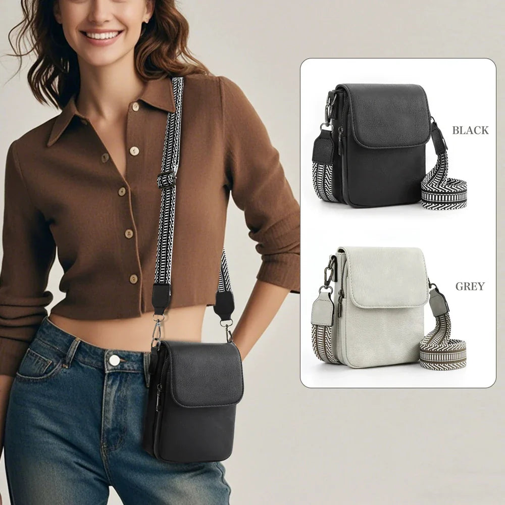 Fashionable New Retro Pu Leather Women's Wide Shoulder Strap Single Shoulder Crossbody Bag with Lid Small Square Bag