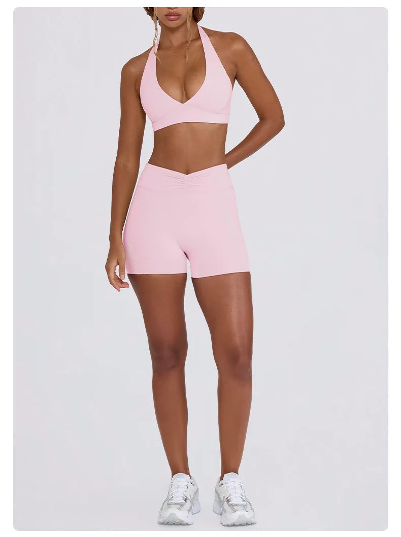 Women's Yoga Suits Quick Drying Leggings Gym Shorts Nude Hanging Neck Bra Running Gym Exercise Sets