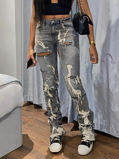 Women Fashion Gray Print High Waist Denim Skinny Trousers