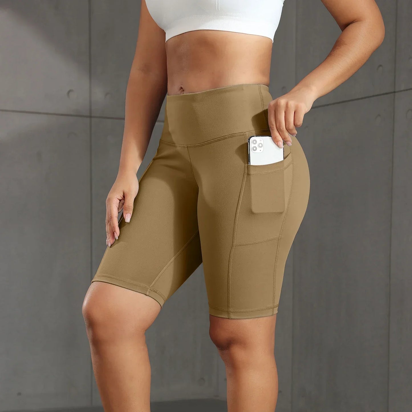 Women Solid Yoga Shorts with 3 Pockets High Waist Butt Lifting Workout Tights Gym Elastic Cycling Shorts Activewear