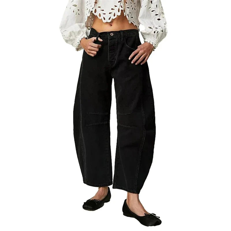 High Stretch Mid-Rise Barrel Jeans Fashion wide Leg Shape Women Casual Baggy Mid Waist Denim Jeans