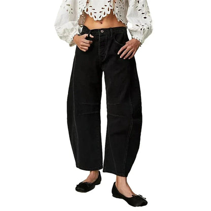 High Stretch Mid-Rise Barrel Jeans Fashion wide Leg Shape Women Casual Baggy Mid Waist Denim Jeans