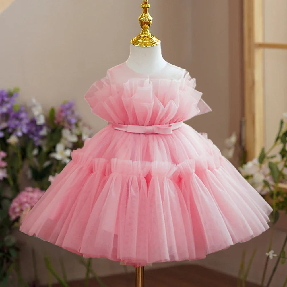 Summer Ruffles Bridesmaids Party Girls Dress Elegant Bow Wedding Birthday Princess Dresses Girl Tulle Pageant Evening Costumes