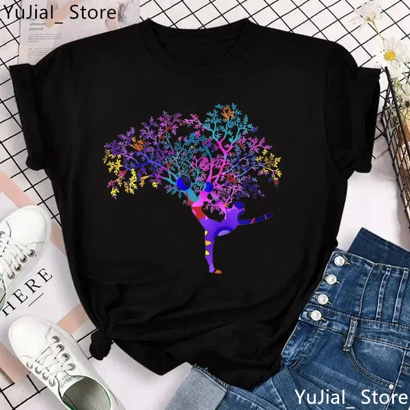 Yoga Print Tshirt Women Bird Om Aum Jade Buddha Meditation Tie Die T Shirt Femme T-Shirt Tops