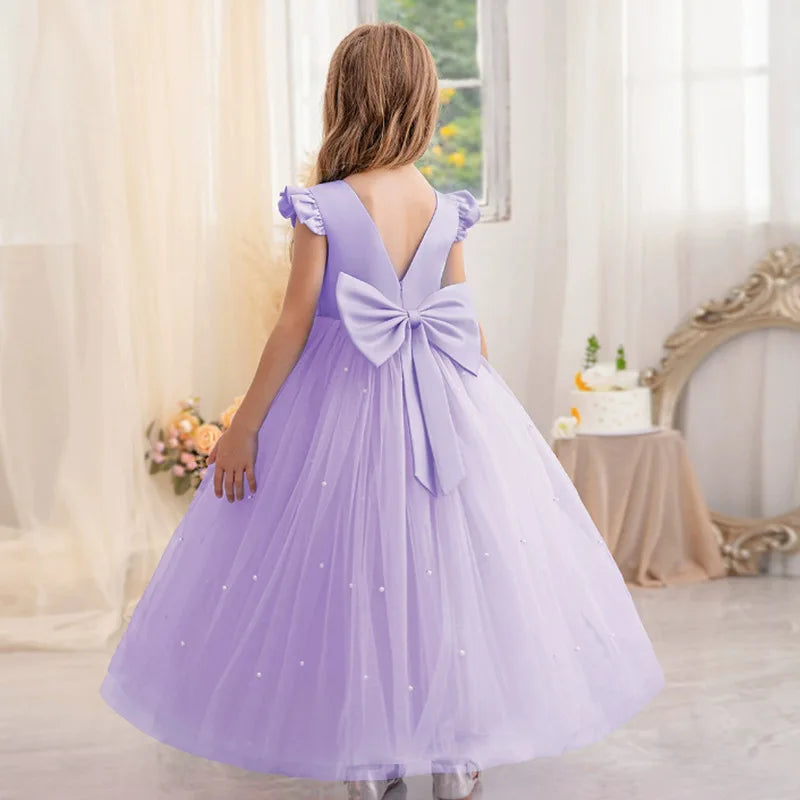 Summer Girl Flower Birthday Tulle Dress Backless Bow Wedding Gown Piano Kids Party Wear Princess Dress Baby Girl Bowknot Dresses