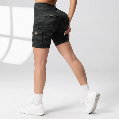 Camouflage Printed Women Shorts with Pockets Butt Lifting Tummy Tight Elastic Slim Outdoor Running Workout Shorts Streetwear