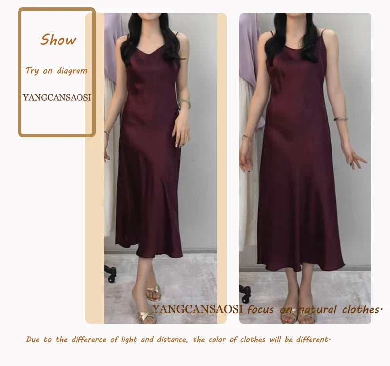100% Natural Mulberry Silk Plain Satin French V-neck Diagonal Cut Women's Sexy Solid Suspender Dress