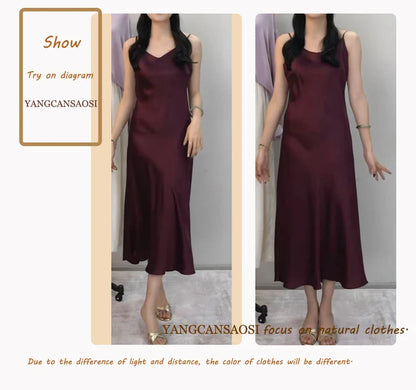 100% Natural Mulberry Silk Plain Satin French V-neck Diagonal Cut Women's Sexy Solid Suspender Dress