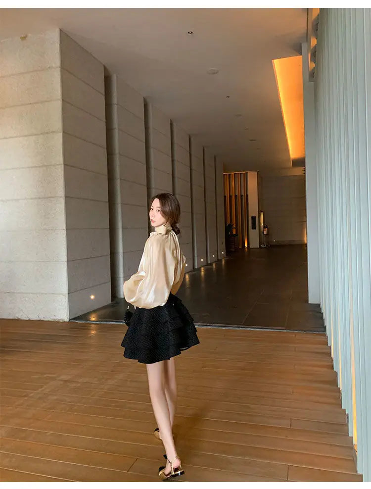 Spring Autumn Women Fashion Tops New Shirts Lantern Sleeve Stand Collar Solid Casual Vintage Elegant Temperament Long-Sleeved