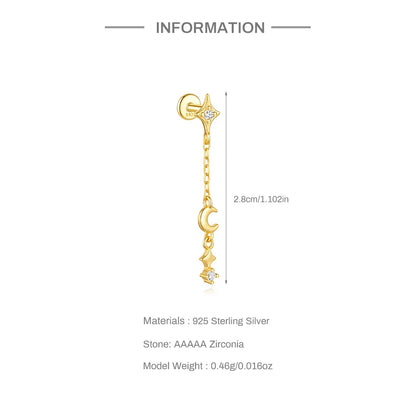 1PC Four Pointed Star Moon Tassel Lotus Cartilage Spiral Puncture 925 Sterling Silver Stud Earring For Women Ins Earring