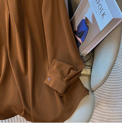 2026 Women's Plus Size Blouse Korean Style Spring Autumn Loose Elegant Casual Mid-length Tops Long Sleeved Waist Cinching Shirts