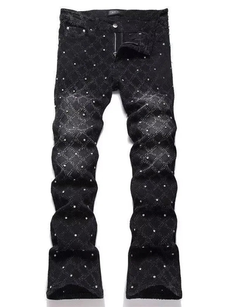 Autumn and Spring New Fashion Trend Retro High Street Printed Elastic Denim Pants Men's Casual Sports High Quality Jeans