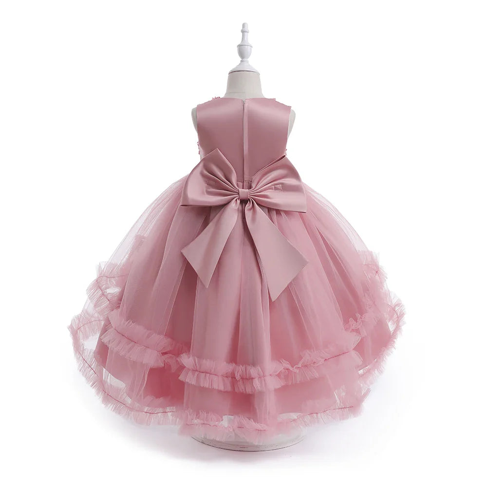 Summer Flower Party Girls Dress Christmas Costume Tulle Trailing Bridesmaid Princess Kids Dresses for Girl Wedding Birthday Gown
