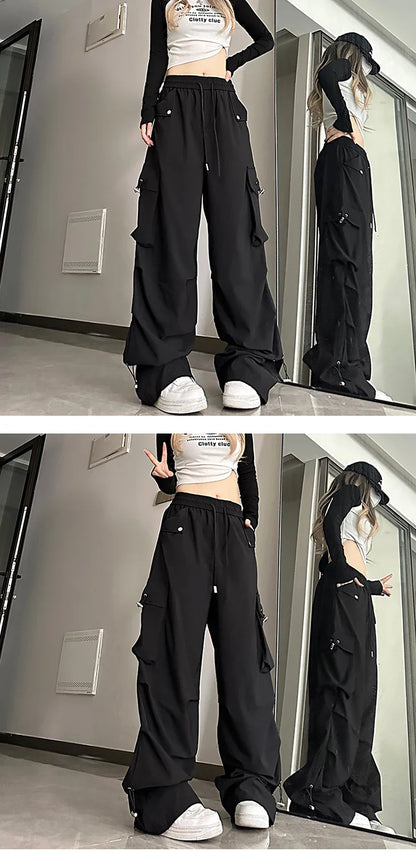 2026 New American Style Large Pocket Cargo Pants Women's Spring Summer Wide Leg Pants Loose Slimming Casual Sports Pants