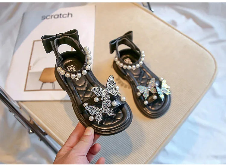 Kids Roman Sandals 2024 New Girls'  Princess Shoes with Butterfly Girl Fashion Sweet Pearl Beach Shoes with Back Knot Anti Slip