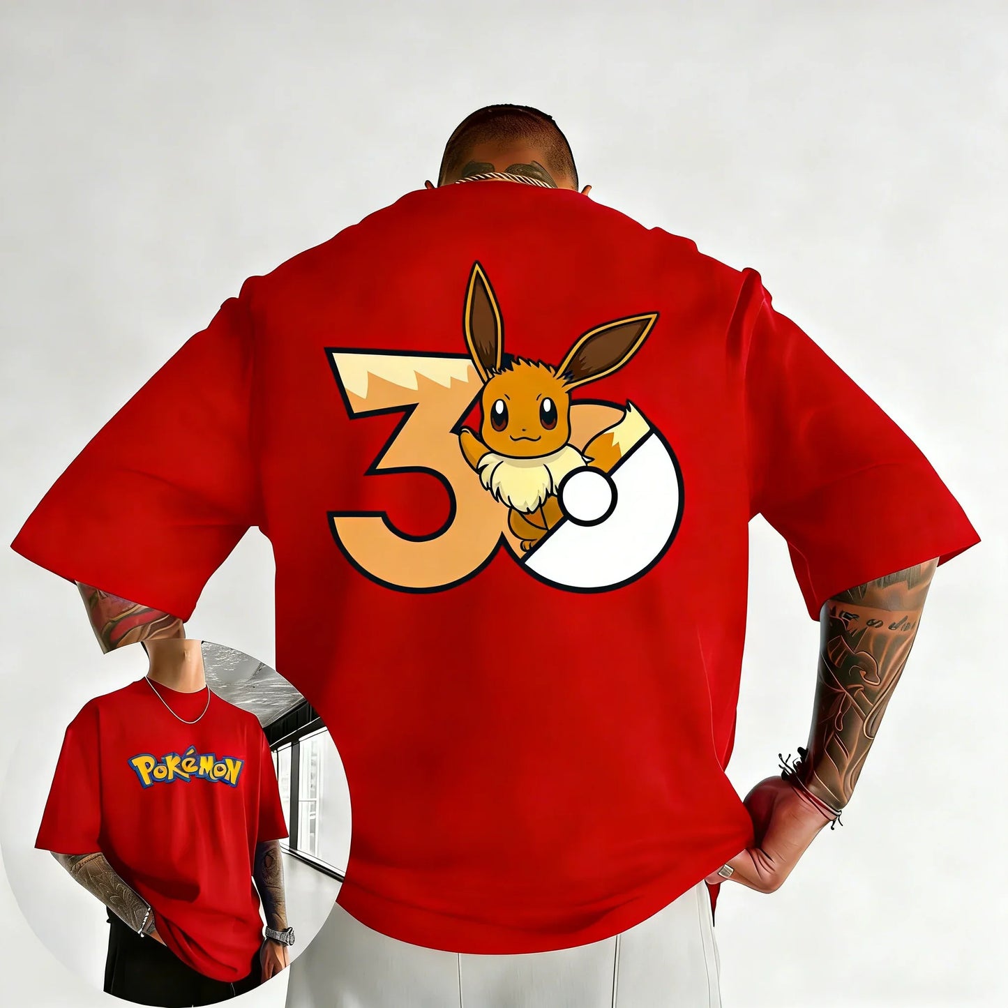 30th Anniversary Eevee Printed T-shirt Summer New Men's and Women's Trendy Large Loose Casual Y2K Short Sleeve Top