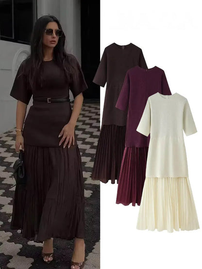 Women Elegant Half Sleeves O-Collar Pleated Dress Spring Woman Rear Zipper Splicing Vintage Casual Knitted Long Dress