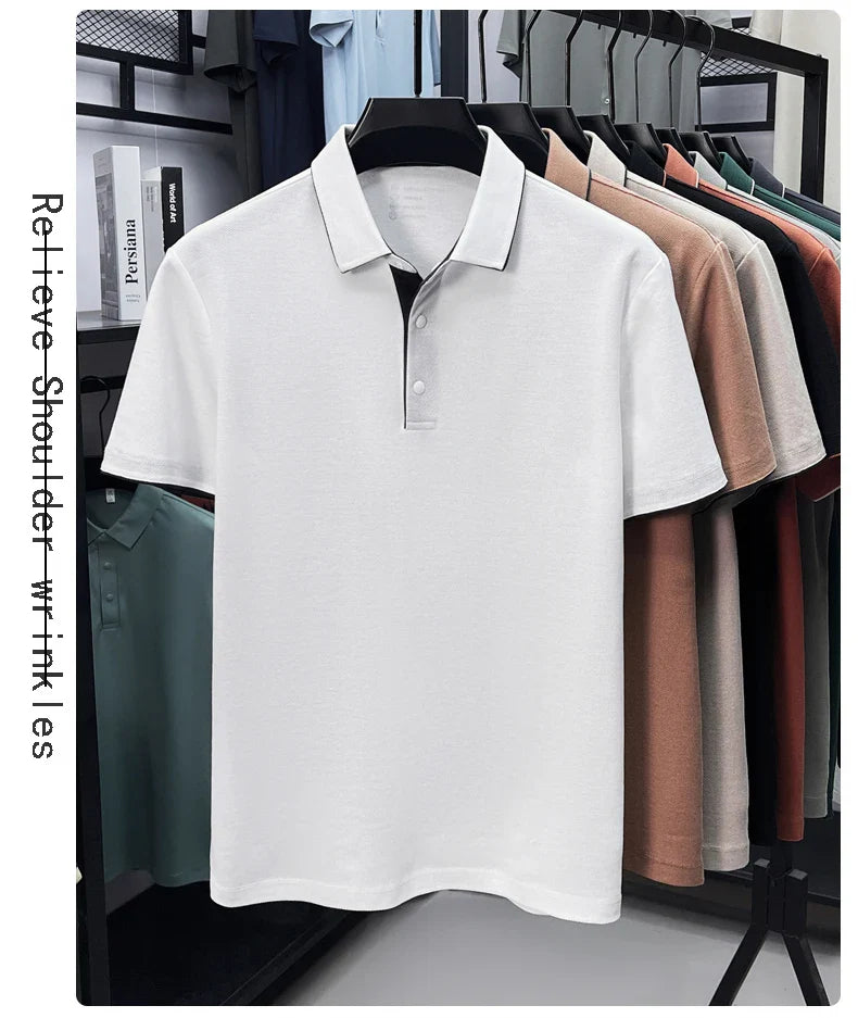 High quality 100% cotton solid color short sleeve polo shirt unique button men summer breathable comfort texture lapel T-shirt