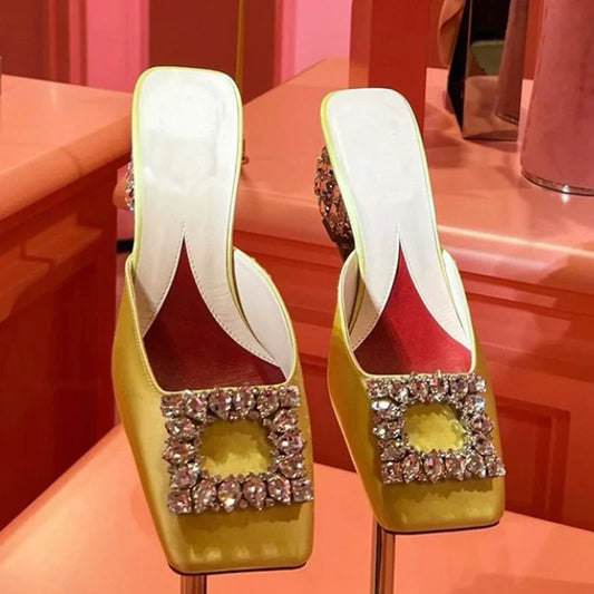 Summer Rhinestone Pumps Women Square Toe Mules Female Crystal High Heels Women Shoes Femmes Chaussures sandalias de las mujeres