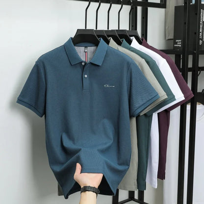 Brand 100%pure cotton short sleeve polo shirt men's new fashion letter embossed business casual solid color summer lapel T-shirt