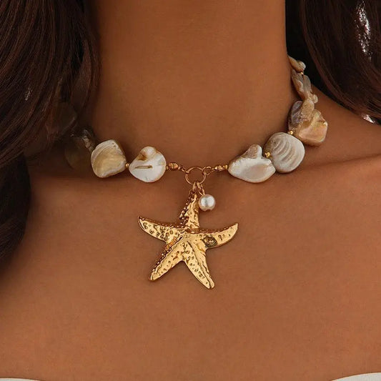 Boho Gold Color Large Starfish Pendant Necklace for Women Vintage Imitation Pearl Conch Chain Short Choker Collar Chain