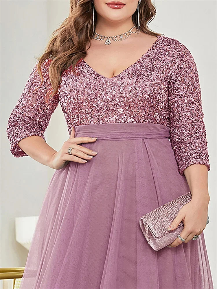 plus Size Luxury Floor Length V-Neck Evening Dress 2025 Women Elegant Party Maxi Dress Sequins Short Sleeves Prom Cocktail Gown
