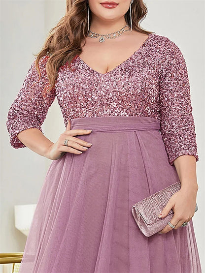 plus Size Luxury Floor Length V-Neck Evening Dress 2025 Women Elegant Party Maxi Dress Sequins Short Sleeves Prom Cocktail Gown