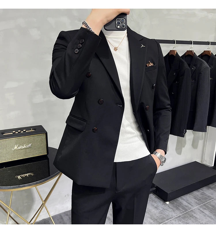 ( Blazers + Pants ) Boutique Fashion Solid Color Double-breasted Men's Casual Business Slim Suit 2-piece Set Groom Wedding Dress