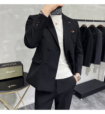 ( Blazers + Pants ) Boutique Fashion Solid Color Double-breasted Men's Casual Business Slim Suit 2-piece Set Groom Wedding Dress