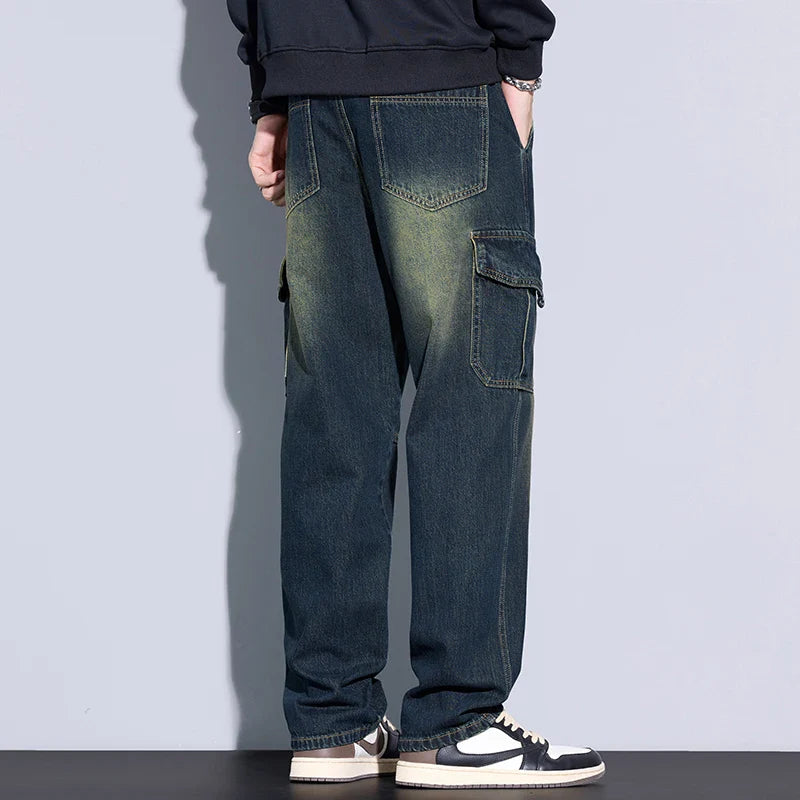 Men's 97% Cotton Straight Cargo Jeans Trendy Multi-pocket Nostalgic Loose Trousers Man American Vintage Fashion Denim Pants