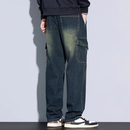 Men's 97% Cotton Straight Cargo Jeans Trendy Multi-pocket Nostalgic Loose Trousers Man American Vintage Fashion Denim Pants