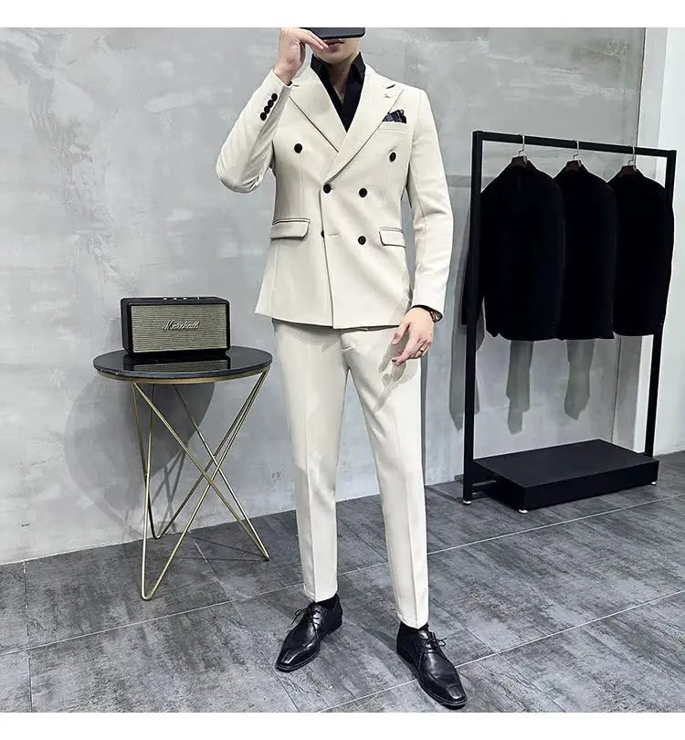 ( Blazers + Pants ) Boutique Fashion Solid Color Double-breasted Men's Casual Business Slim Suit 2-piece Set Groom Wedding Dress