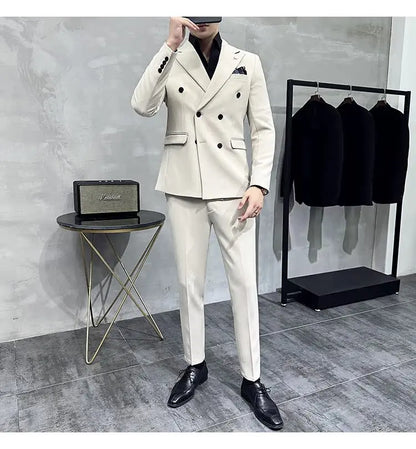 ( Blazers + Pants ) Boutique Fashion Solid Color Double-breasted Men's Casual Business Slim Suit 2-piece Set Groom Wedding Dress