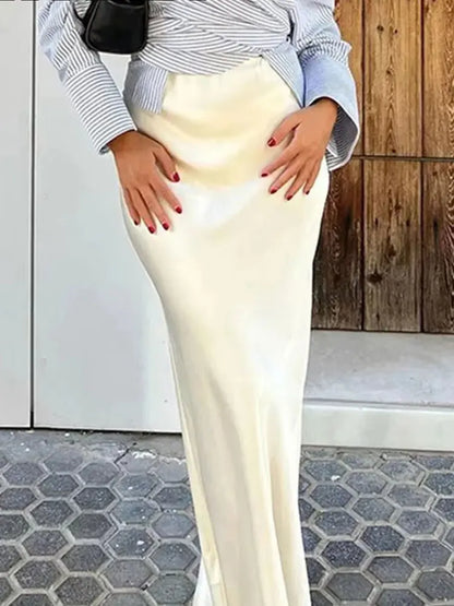 2024 Y2K Casual Women Long Skirt Spring Elastic High Waisted A-Line Casual Female Satin Skirts High Street Lady Skirts