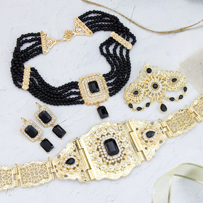 Chic Moroccan Bridal Jewelry Women Caftan Belt Waist Chain Bead Choker Necklace Crystal Earring Brooch Pin Gold Color