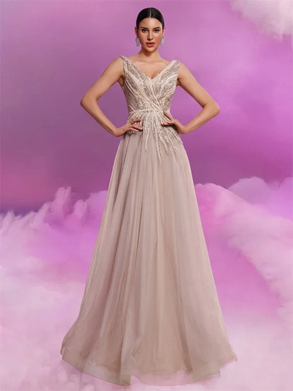 Vestidos de Noite de Luxo com Apliques de Lantejoulas e Decote em V Elegantes Vestidos de Coquetel Formais de Tule sem Mangas para Festas de Casamento com Saia Evasê