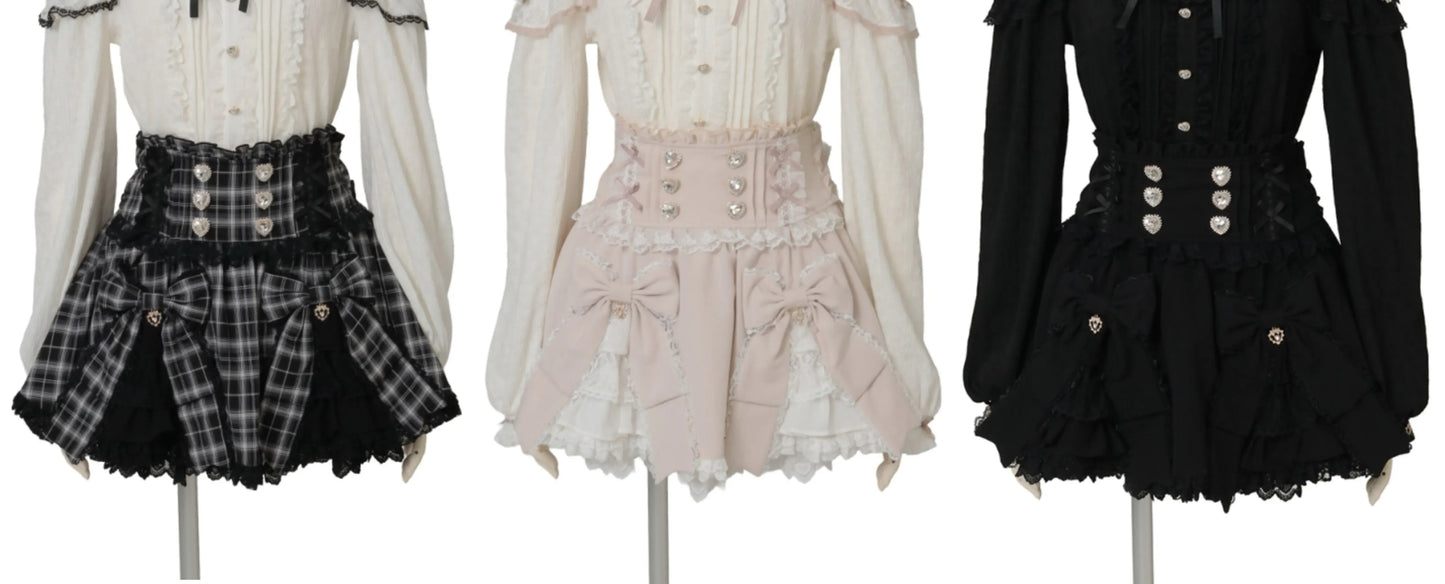 Liz Japanese New 2026 Spring Sweet Girl Heart Buckle Double Bow Lace Patchwork High-waisted Kawaii Elegant Princess Short Skirt