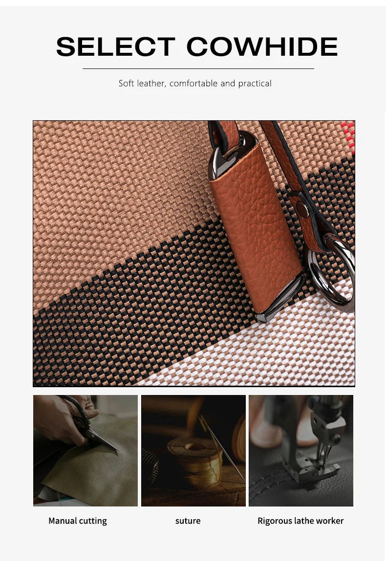 Fashion Plaid Canvas Women's Handbag Classic Versatile Large Capacity Cowhide Single Shoulder Crossbody Bag