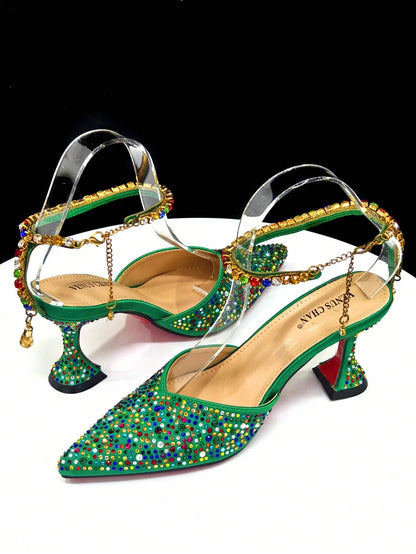 Shiny Italian Fashion Women’s Pointed Toe Heels with Rhinestone Detailing & Matching Green Color Bag Set