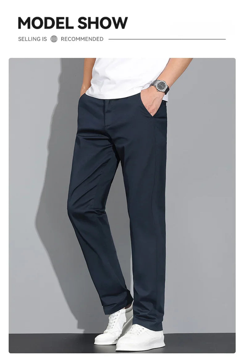 New Men's Business Cotton Thin Straight Pants Casual Elastic Slim Comfortable Male Brand Trousers Black Gray Khaki Royal Blue