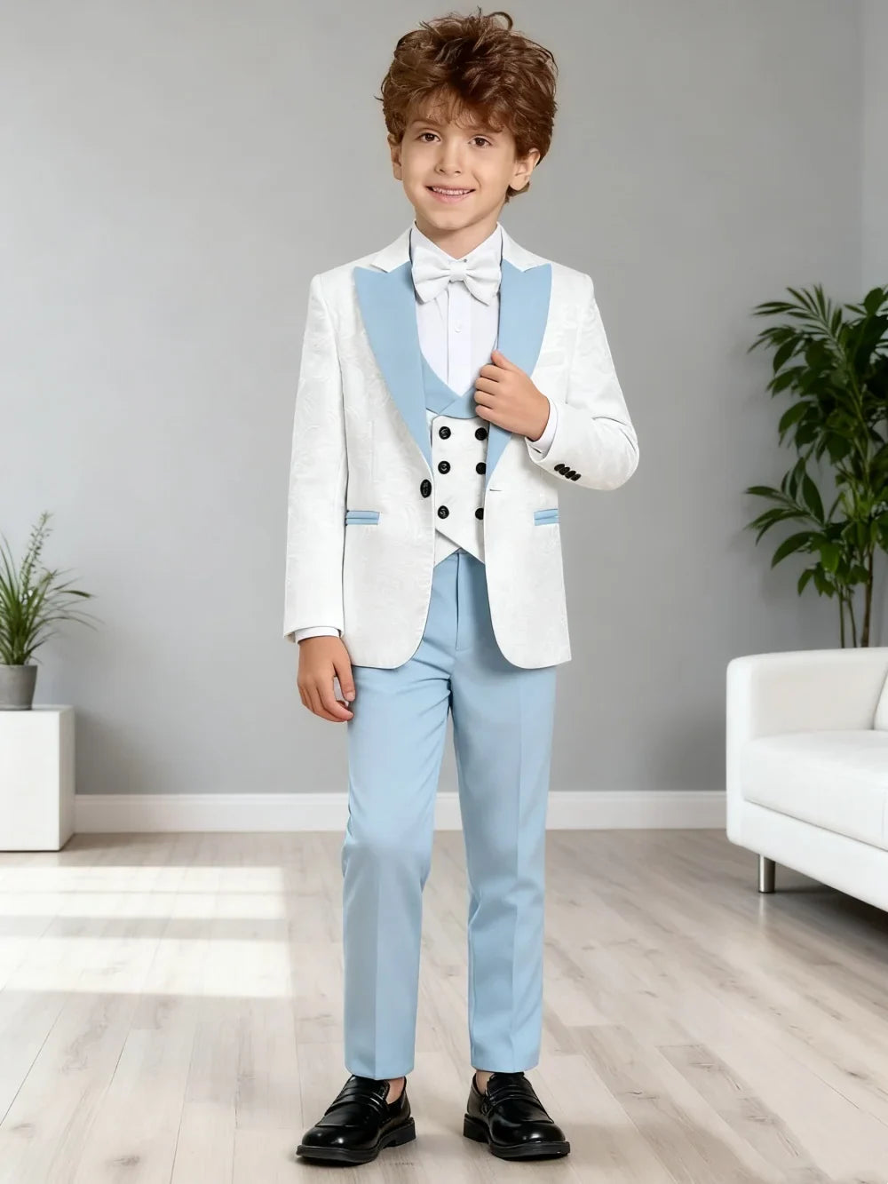 Premium Boys White And Light Blue Contrast Formal Suit Set 4PCS Design Elegant Occasion Wear For Wedding Banquet Performance