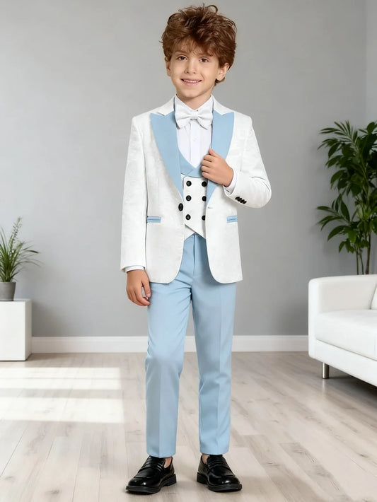 Premium Boys White And Light Blue Contrast Formal Suit Set 4PCS Design Elegant Occasion Wear For Wedding Banquet Performance