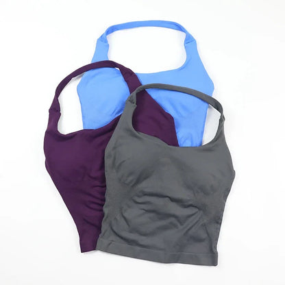 Seamless Yoga Set Womens Backless Halter Tank Top Ribbed Waist Gym Shorts 2 Piece Sets Women Outfit Workout Clothes