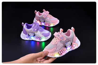 Kids'Casual Shoes Girls Led Light Cartoon PU Leather Fashion Sport Flat Bottom Shoes Breathable White Pink Size 21-30