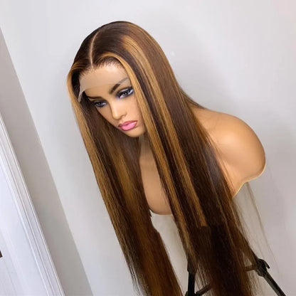 Brown P4/27 Straight 13x4 Lace Frontal Human Hair Wigs Brazilian Highlight Colored Lace Front Wig For Women 28 30 32 34 36 Inch