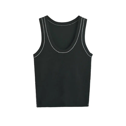 Women's Sleeveless Knit Tank Tops, V Neck ,Contrast Trims, Female Camis, Chic Vest Fashion