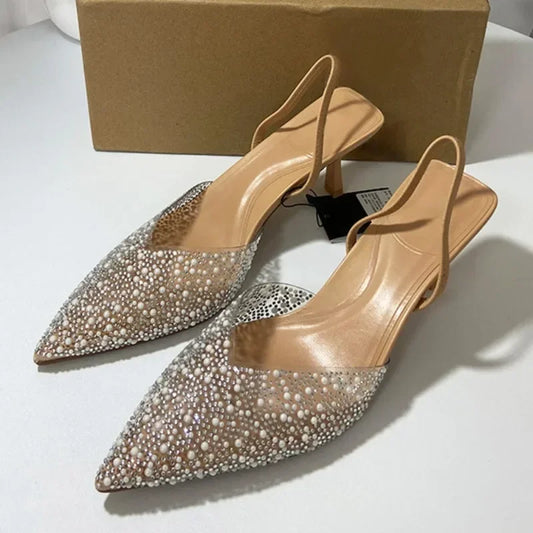 2025 Summer Women's High Heeled Sandals Transparent Pointed Toe Elegant Ladies Fashion Shoes Pearl Decoration Slingback Sandal