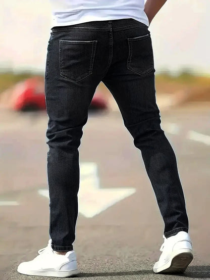 Calça Jeans Masculina Skinny Destroyed Primavera 2026 Lavagem Vintage Elástica Biker com Buracos Casual Ajuste Justo Streetwear Jeans Lápis Jogger