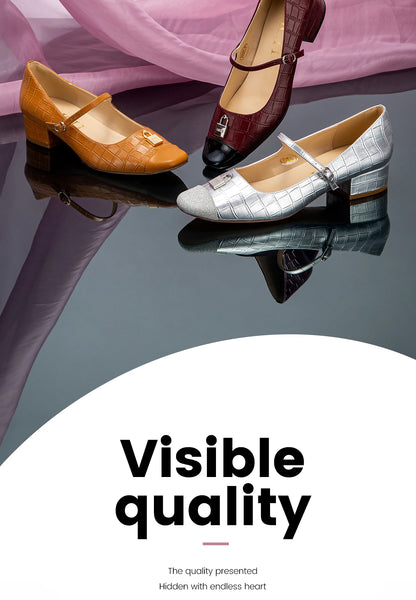 Women's High Heels New Low Heel Texture Mommy Casual Shoes Mary Jane Shoes