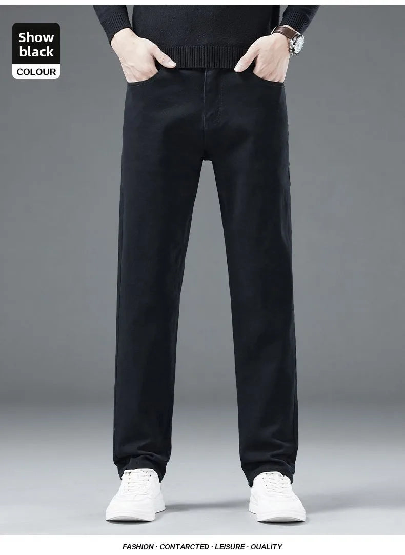 2026 Autumn Winter New Trendy Classic Jeans Male Solid Color Washed Straight Denim Pants Wide Leg Business Casual Stretchy Jeans